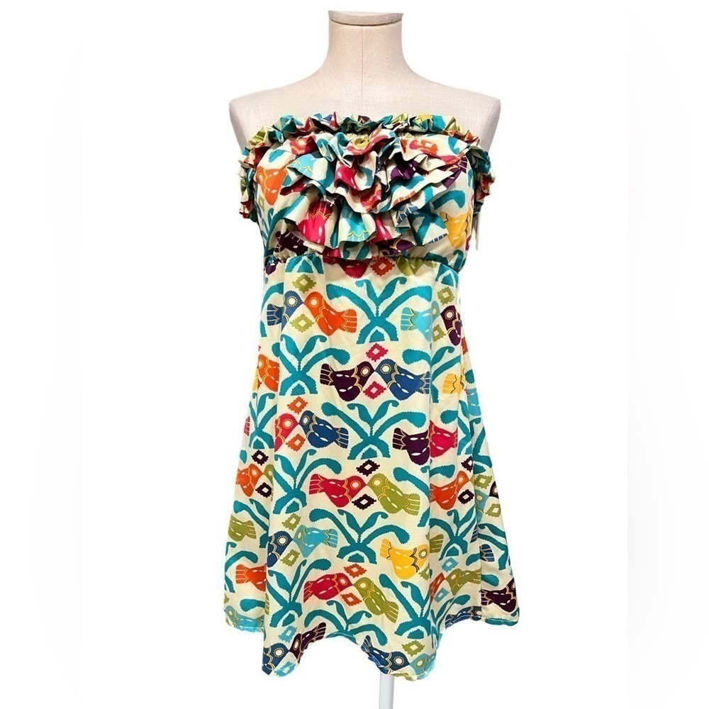 JUDITH MARCH sleeveless mini silk colorful folk print dress with jabot